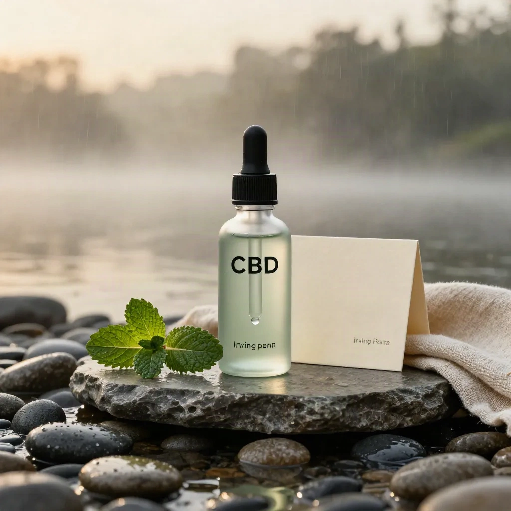 CBD tincture bottle with mint, linen, stone tray and wet pebbles in soft rain mist.