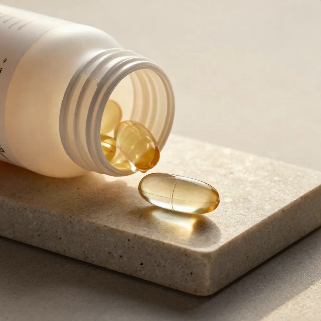 Macro of a softgels bottle with capsules on brushed stone, lit with glassy highlights.
