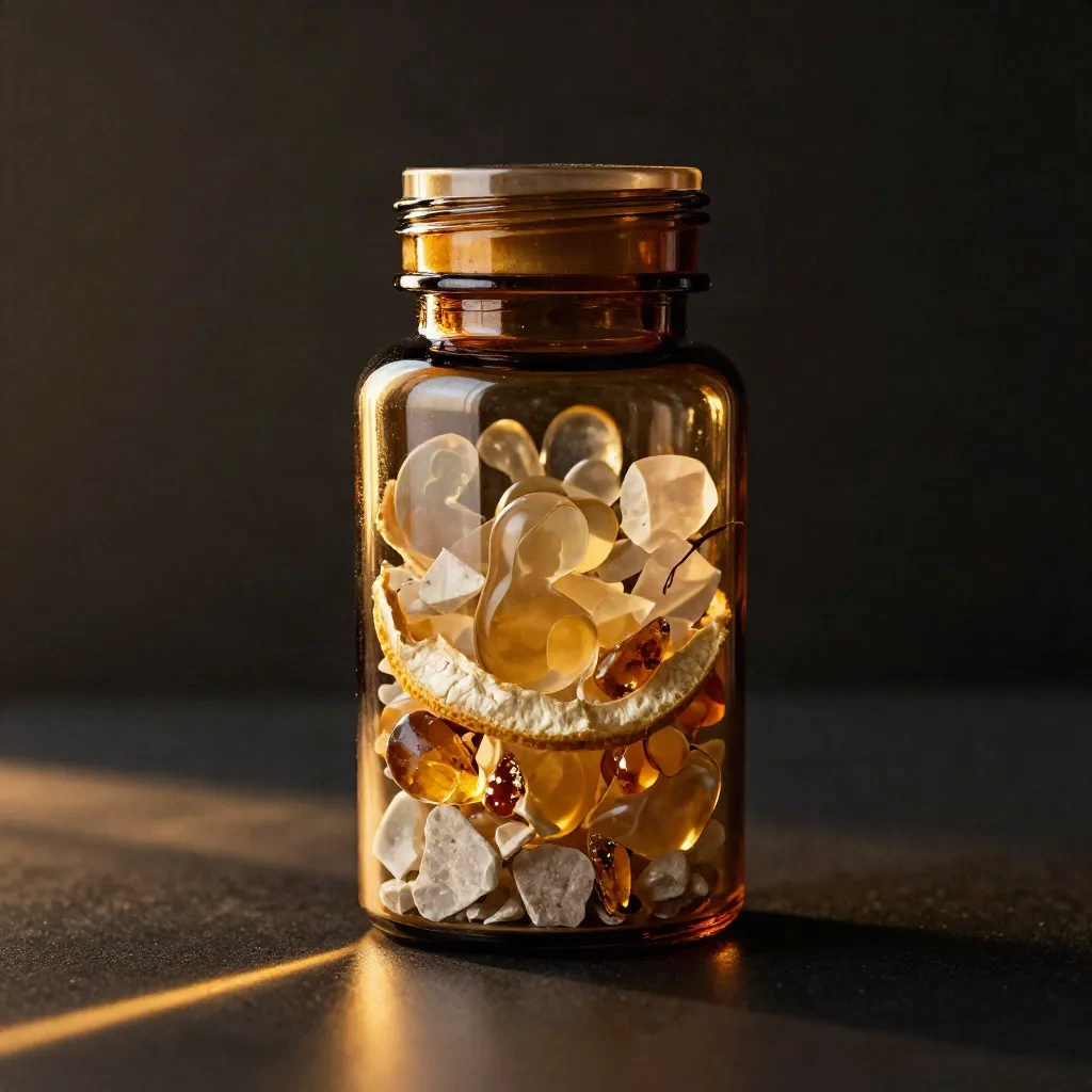 Amber capsule bottle with citrus peel curls and stone fragments in dramatic dark studio light.
