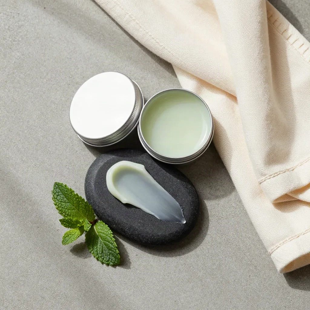 Overhead flat lay of mint hemp balm tin, balm smear, mint sprig and folded cream cloth on stone.